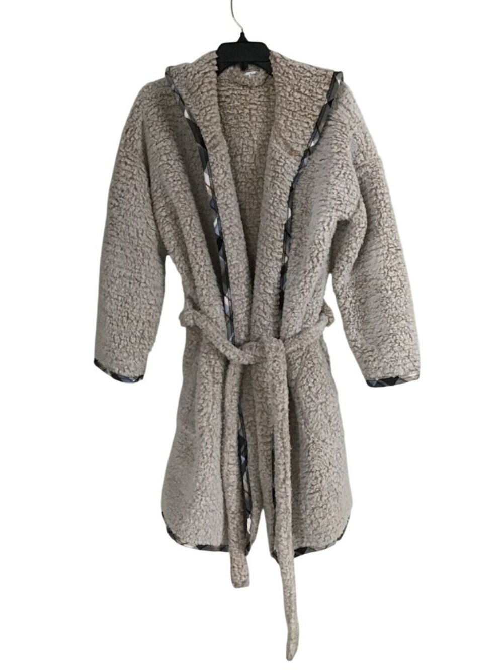 Vera Bradley Hooded L/XL Tie Front Fluffy Fleece Robe Plaid Trim